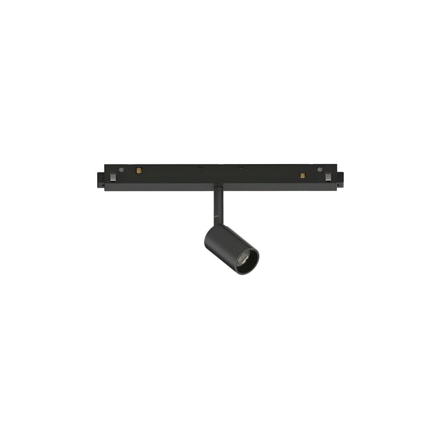 The Luxeon LED Magnetic Track Spotlight 3W 3000K in black boasts a minimalist cylindrical design, offering energy-efficient lighting. This adjustable fixture is seamlessly mounted on a horizontal track, making it ideal for directing light against a plain white background.