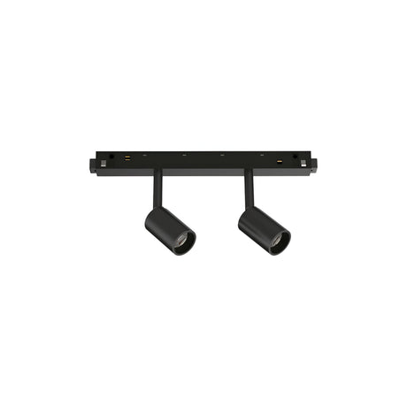 A black rectangular ceiling light fixture includes the Luxeon LED Magnetic Twin Track Spotlight, featuring two adjustable cylindrical spotlights that deliver 5W illumination with a warm 3000K light output.