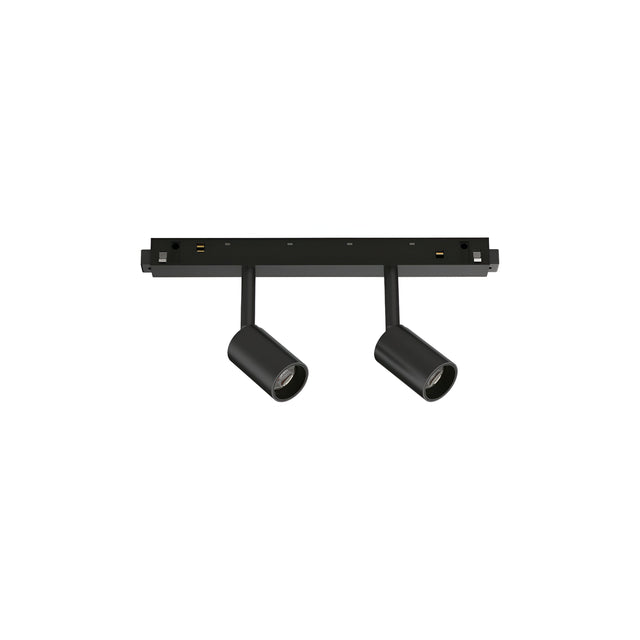 A black rectangular ceiling light fixture includes the Luxeon LED Magnetic Twin Track Spotlight, featuring two adjustable cylindrical spotlights that deliver 5W illumination with a warm 3000K light output.