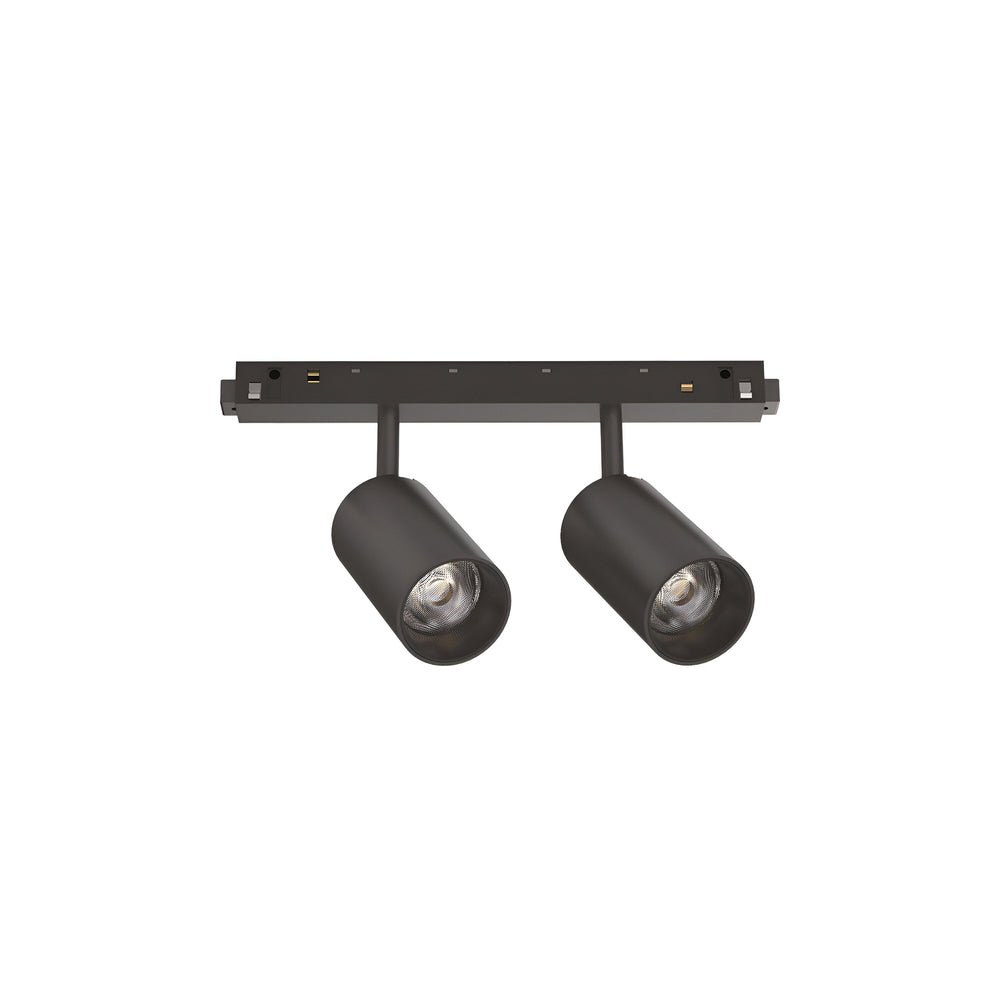 Introducing the Luxeon LED Magnetic Twin Track Spotlight 16W 3000K in Black: a modern lighting fixture with cylindrical heads mounted on a rectangular base, featuring adjustable LED spotlights that direct light downward. Its sleek and minimalist design is ideal for dimmable lighting in contemporary interiors.