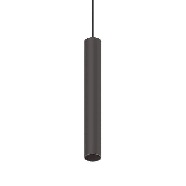 The Pure LED Magnetic Track Pendant 12W 3000K On-Off - Black is a sleek, cylindrical pendant light hanging from the ceiling against a white background. This modern industrial lighting piece boasts a long, narrow design with a smooth finish and seamlessly integrates into any modular magnetic track system, adding contemporary elegance to any space.