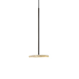The Xarelix LED Floating Disc Alabaster Single Pendant Light in matte black and soft white features a slim rod and flat round shade, suspended from the ceiling against a plain white background.
