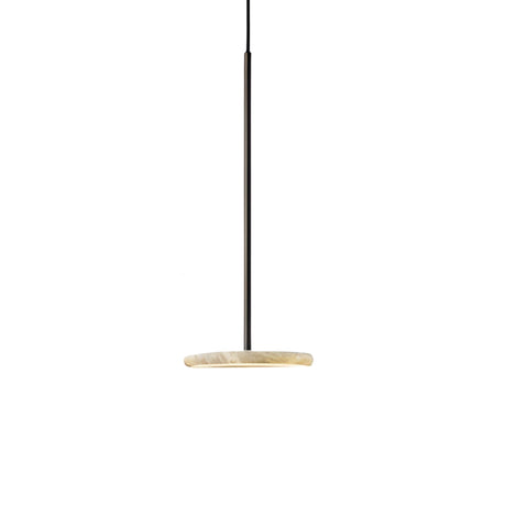 The Xarelix LED Floating Disc Alabaster Single Pendant Light in matte black and soft white features a slim rod and flat round shade, suspended from the ceiling against a plain white background.