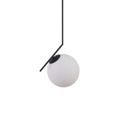 Niori Vetra pendant light with a frosted opal glass globe suspended from a matt black angled metal arm, shown on a plain white background.