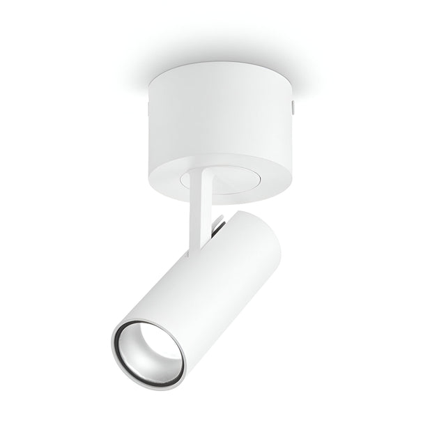 The Opal LED Single Spotlight 7W 3000K in white is a modern ceiling-mounted fixture that features a sleek, cylindrical design. With its adjustable lighting capabilities, this spotlight angles downward from a round base. Its minimalistic style makes it perfect for focused lighting or highlighting specific areas while maintaining a contemporary aesthetic.