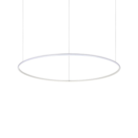 The Niche LED Suspension Light 46W 300K - White, with its minimalist design and thin circular rim, is suspended by two wires. It stands out against a plain white background, highlighting its sleek modern aesthetics while offering efficient lighting.