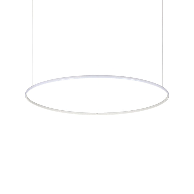 The Niche LED Suspension Light 46W 300K - White, with its minimalist design and thin circular rim, is suspended by two wires. It stands out against a plain white background, highlighting its sleek modern aesthetics while offering efficient lighting.
