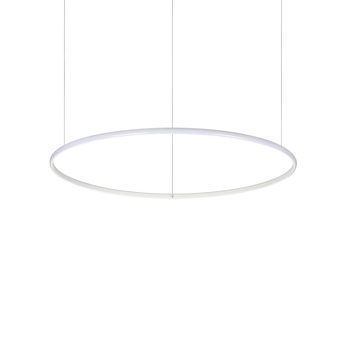 The Niche LED Suspension Light 41W 3000K in white, measuring 81cm, embodies modern elegance with its minimalist circular design. It hangs from the ceiling via adjustable steel cables and its slim ring casts a soft, even glow, offering a sleek and contemporary style.