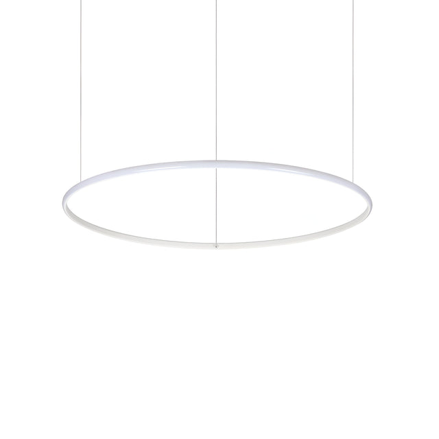 The Niche LED Suspension Light 41W 3000K in white, measuring 81cm, embodies modern elegance with its minimalist circular design. It hangs from the ceiling via adjustable steel cables and its slim ring casts a soft, even glow, offering a sleek and contemporary style.