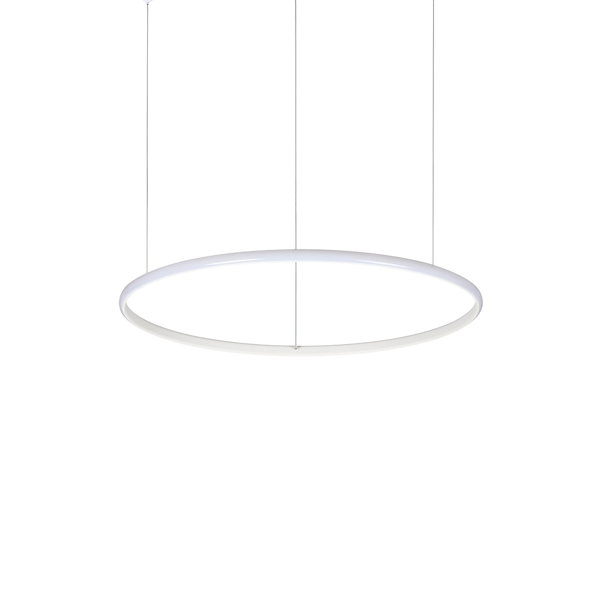 This contemporary lighting piece, the Niche LED Suspension Light 31W 3000K - White, 61cm, boasts a circular design with a sleek white frame. It hangs elegantly from thin wires, illuminating the surrounding area with a soft ambient glow.