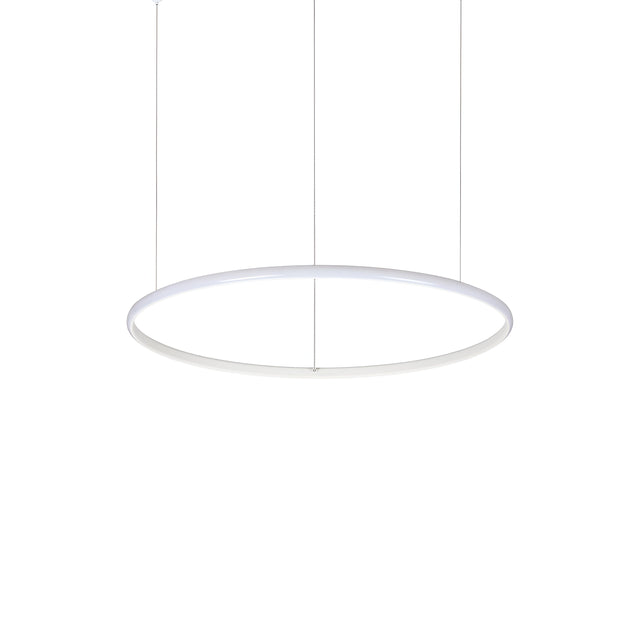 This contemporary lighting piece, the Niche LED Suspension Light 31W 3000K - White, 61cm, boasts a circular design with a sleek white frame. It hangs elegantly from thin wires, illuminating the surrounding area with a soft ambient glow.