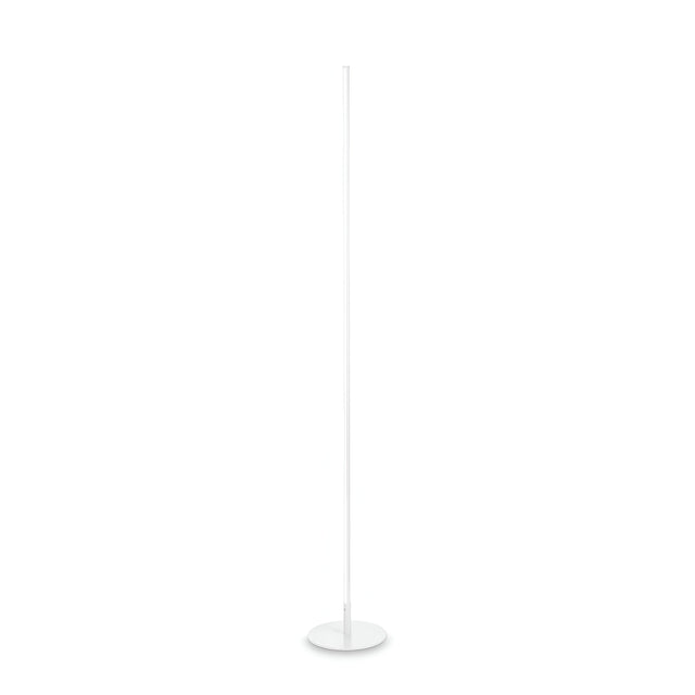A sleek, white, minimalist floor lamp showcasing the Wave LED Floor Lamp 16W 3000K design features a slim pole and round base against a plain white background, with its energy-efficient lighting seamlessly enhancing modern aesthetics.