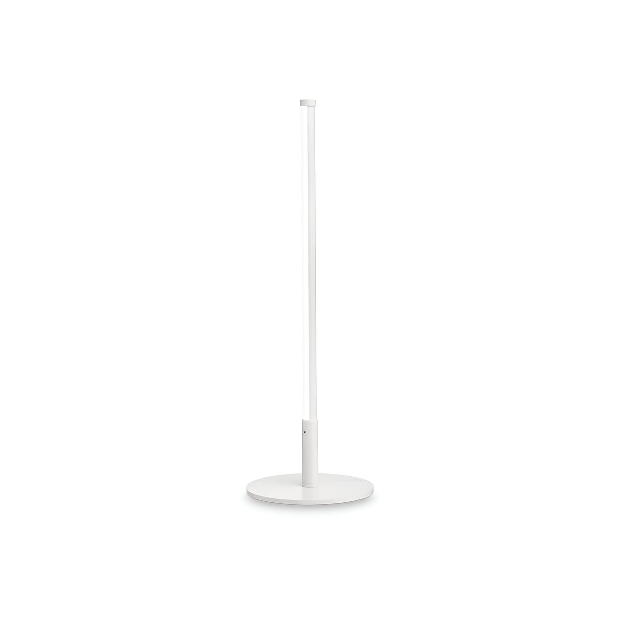 The Wave LED Table Lamp in white showcases a minimalist aesthetic, featuring an LED bulb with adjustable color temperature. Its sleek, vertical design and circular base create an elegant presence against a plain white background.