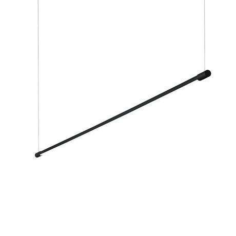 A Wave LED Suspension Light - 16W, 3000K in black is suspended from the ceiling by two thin wires. Its minimalist and angled profile stands out against the white background, providing a sleek and modern look that complements energy-efficient lighting.