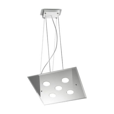 Dado 5 Light Glass Pendant Light with a square mirrored glass panel and five oval cut-outs, suspended by thin cables from a white square ceiling plate on a plain white background.