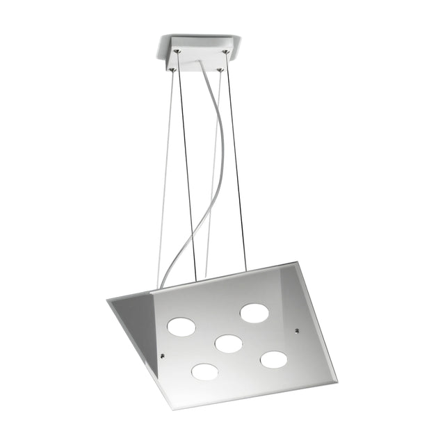 Dado 5 Light Glass Pendant Light with a square mirrored glass panel and five oval cut-outs, suspended by thin cables from a white square ceiling plate on a plain white background.