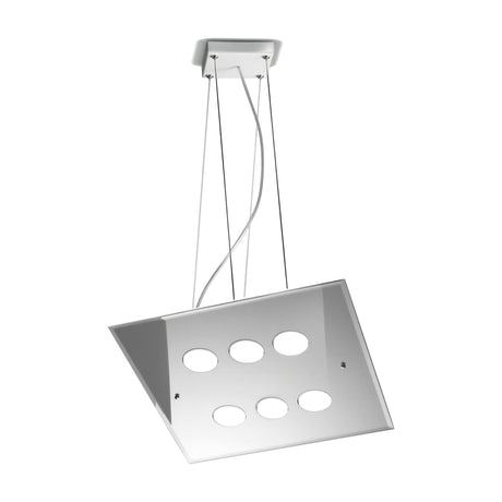 Dado 6 Light Glass Pendant Light with a square mirrored plate holding six oval glass diffusers, suspended on cables from a white ceiling canopy against a plain white background.