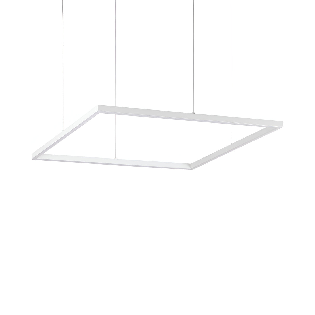 The Arcena Square LED Suspension Light - 3000K, White, 70cm features a modern rectangular design that elegantly hangs from four thin wires against a simple white backdrop. Its energy-efficient LED lighting highlights the fixture's minimalist style, emphasizing its clean lines and geometric elegance.