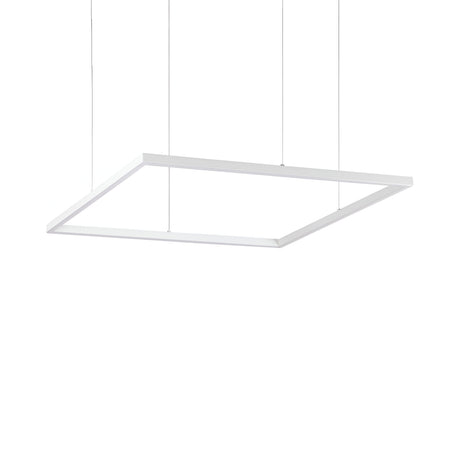 The Arcena Square LED Suspension Light - 3000K, White, 70cm features a modern rectangular design that elegantly hangs from four thin wires against a simple white backdrop. Its energy-efficient LED lighting highlights the fixture's minimalist style, emphasizing its clean lines and geometric elegance.
