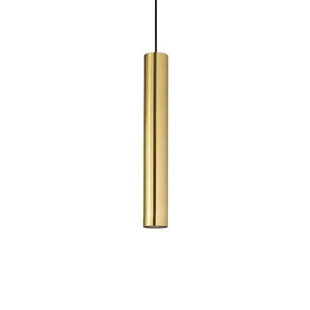 The Noctis 1 Light Pendant - Gold, 6cm is a sophisticated cylindrical pendant light fixture with a polished gold finish and an adjustable fabric cable. Suspended from a black cord against a white background, it offers elegant ambient lighting.