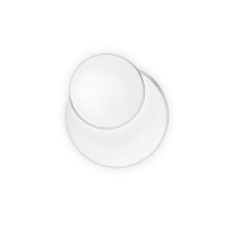 A sleek, abstract depiction showcasing the Chelso Round LED Wall Light 14W 3000K - White, featuring two overlapping white circles against a simple white background. The design produces a subtle shadow effect, enhancing the modern aesthetic with a sense of depth.