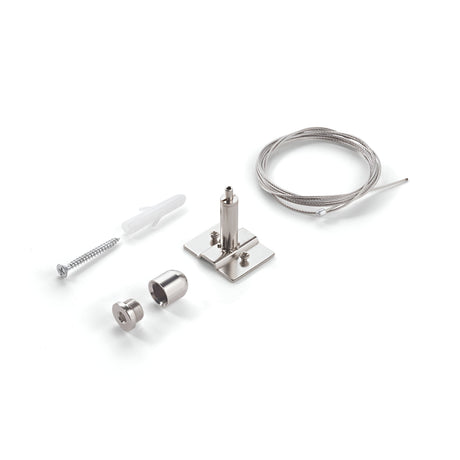 The Luxeon Pendant Steel Cable Kit 2m - Black, showcasing a robust metal base, screw, anchor, and an extended coiled steel cable with an elegant black finish, is beautifully presented against a white background. Ideal for pendant lighting installations.