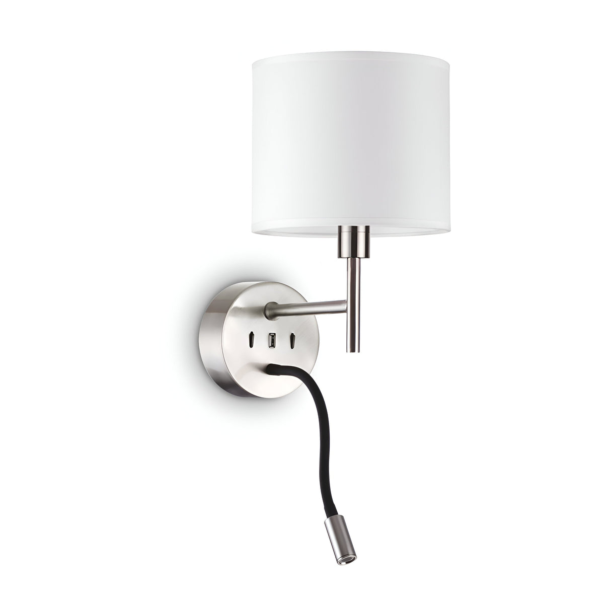 The Aethera Reading Wall Light in Silver and White boasts a modern wall sconce with a sleek metal base and an adjustable black reading lamp beneath a white cylindrical lampshade. Its minimalist, contemporary design offers the added convenience of adjustable illumination for any setting.