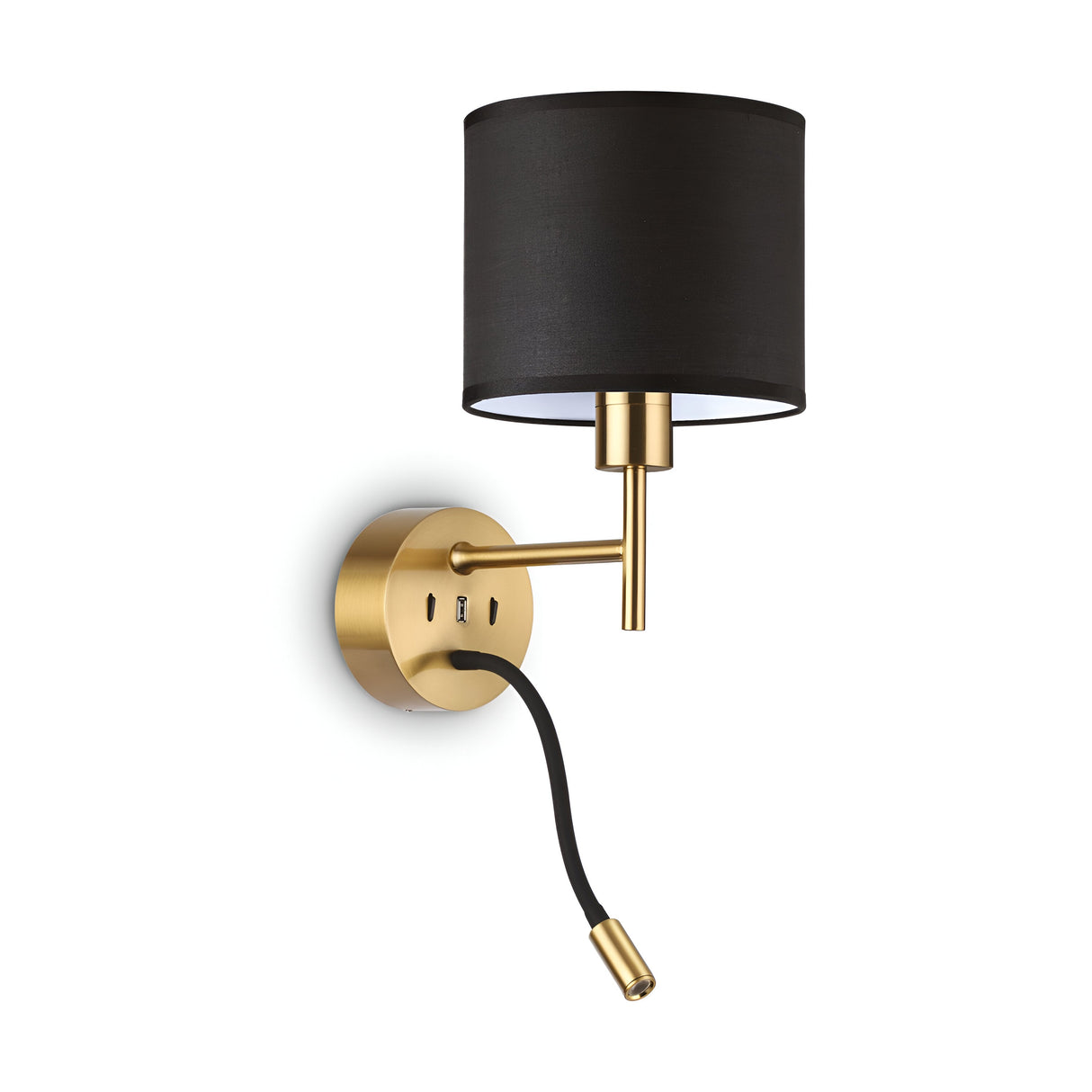 Introducing the Aethera Reading Wall Light in Brass/Black: a sleek and modern fixture with an adjustable arm, gold base, and black cylindrical shade. It is enhanced with a gooseneck LED reading light for added functionality and style.