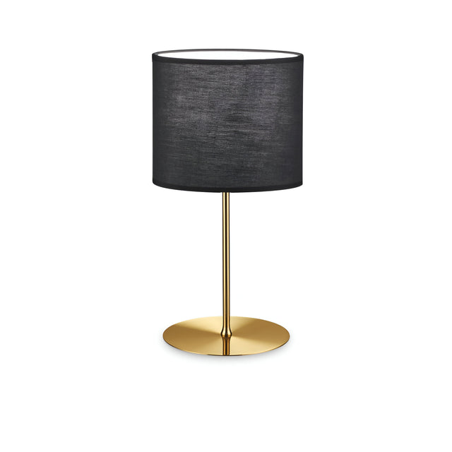 Discover the sophisticated charm of the Aethera Large Table Lamp - Brass, showcasing a modern design with a black cylindrical shade and a sleek brass base.