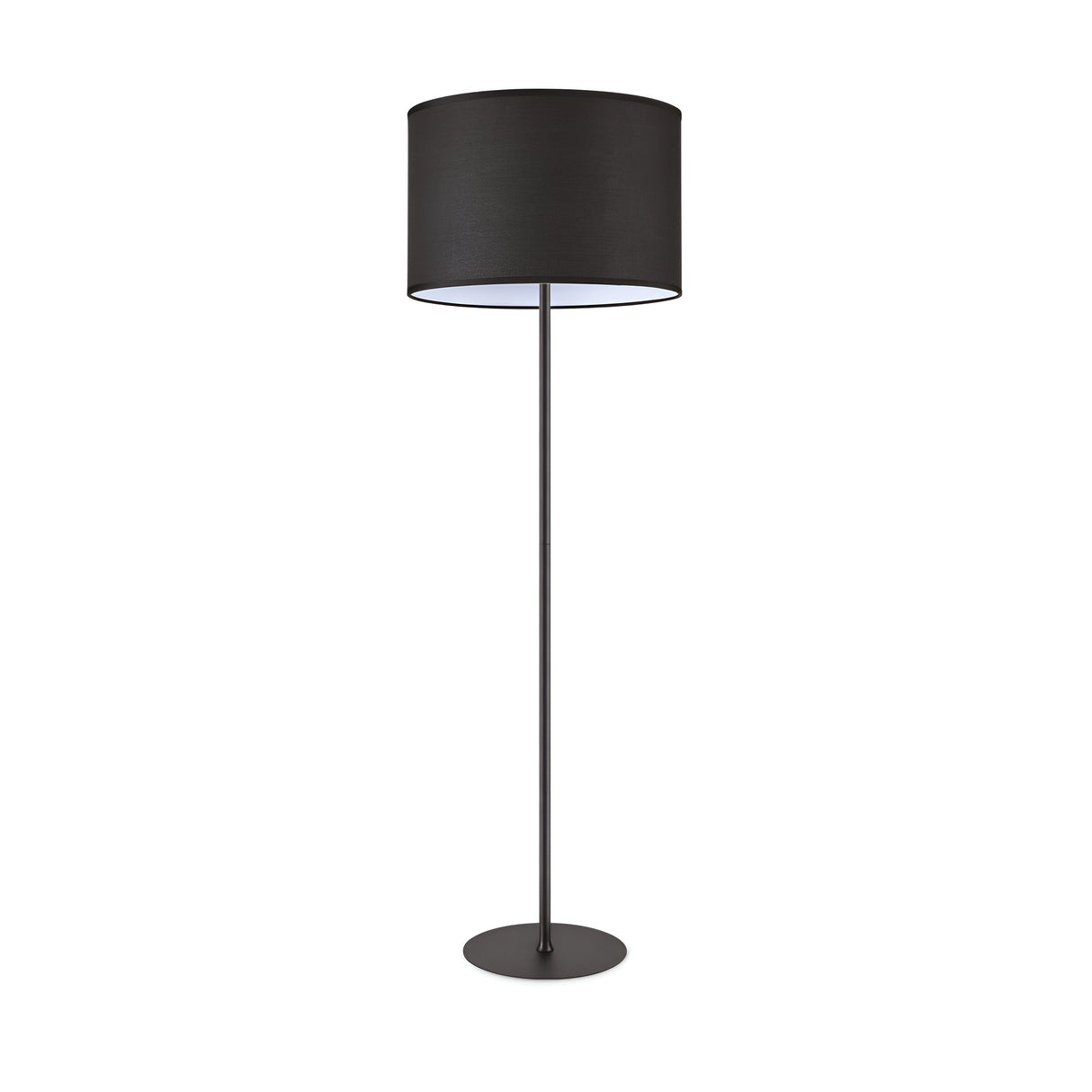 The Aethera Floor Lamp - Black features a sleek, black finish with its slim metal stand and large cylindrical lampshade. It rests gracefully on a flat, round base, providing a minimalist and elegant modern lighting solution for any space.