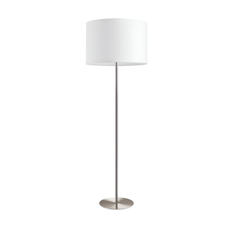 Introducing the Aethera Floor Lamp - Nickel/White, featuring a stylish slender metallic stand and cylindrical white lampshade. This lamp rests on a circular base with a minimalist modern design, perfect for contemporary interiors.