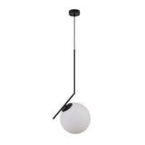 Niori Vetra large pendant light with a frosted opal glass globe suspended from an angled matt black metal arm and ceiling rose, on a white background.