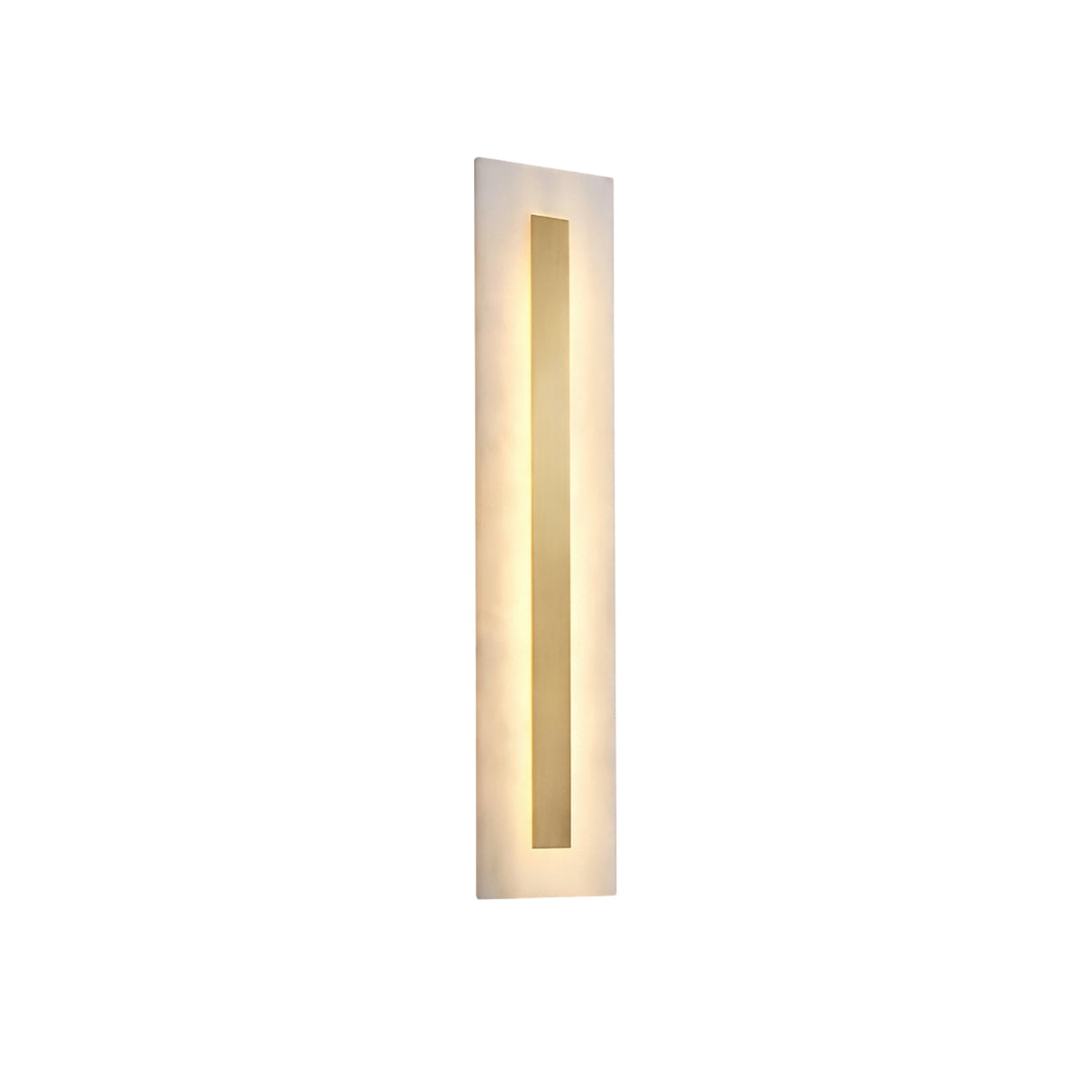The Averra LED Medium Rectangle Alabaster Wall Light in soft white and brass features a central vertical cutout, casting a warm, elegant glow—perfect for contemporary interiors.