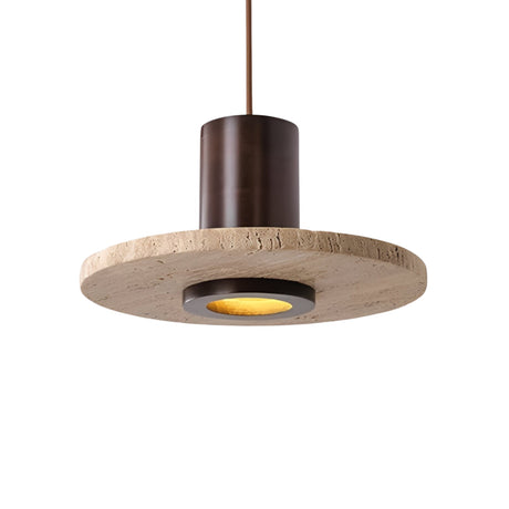 The Torvane 1 Light Medium Wide Disc Travertine Single Pendant Light features a walnut brown cylindrical fixture and flat round light beige stone shade, suspended from a thin brown cord with a recessed central light source.