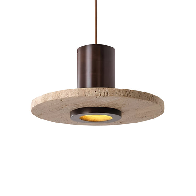 The Torvane 1 Light Medium Wide Disc Travertine Single Pendant Light features a walnut brown cylindrical fixture and flat round light beige stone shade, suspended from a thin brown cord with a recessed central light source.