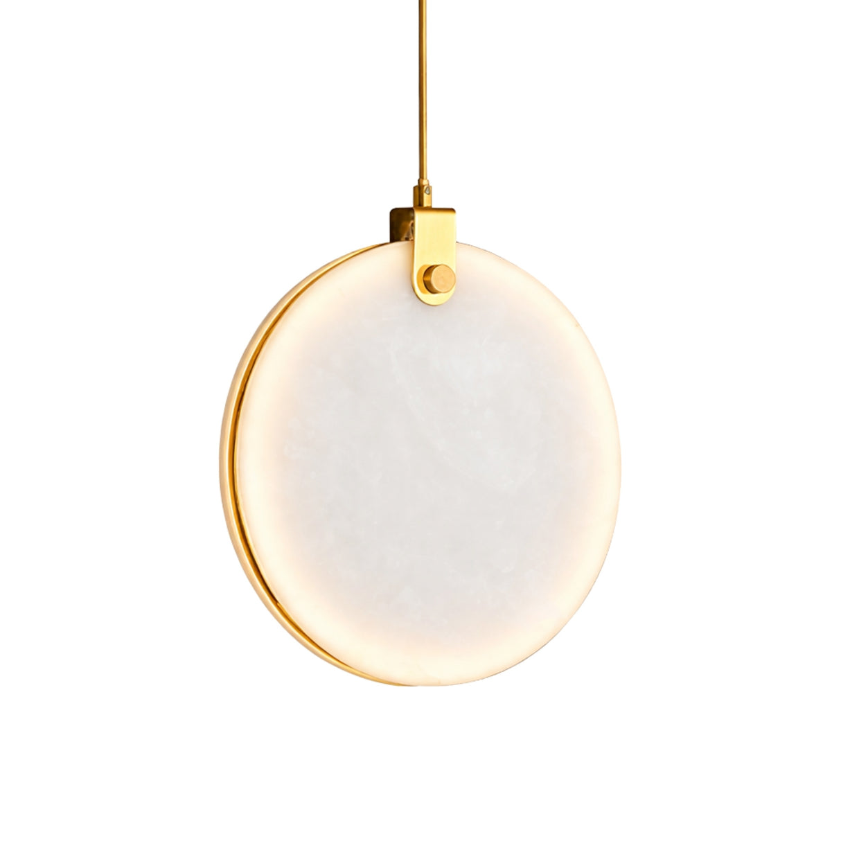 The Luna LED Medium Alabaster Single Pendant Light in Soft White & Brushed Brass features a round frosted white glass shade bordered by brushed brass, suspended from a matching rod against a white background.