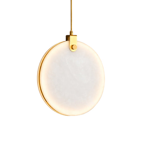 The Luna LED Medium Alabaster Single Pendant Light in Soft White & Brushed Brass features a round frosted white glass shade bordered by brushed brass, suspended from a matching rod against a white background.