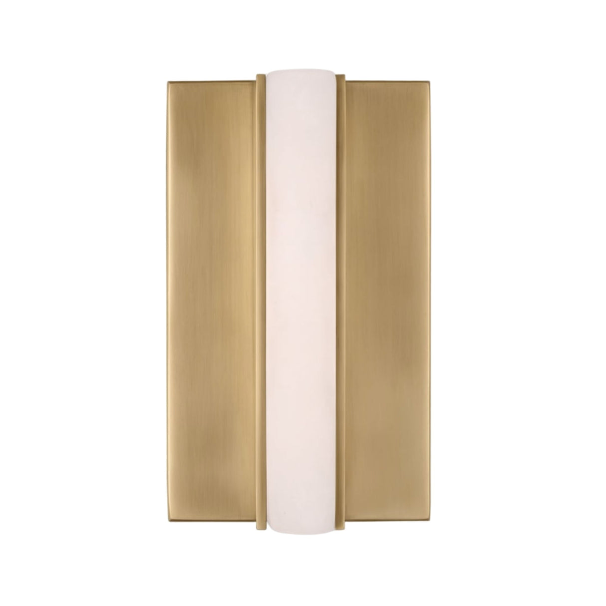 The Elvaris LED Small Vertical Alabaster Wall Light in brushed brass and soft white features a modern rectangular backplate and a central alabaster diffuser, shown against a white background.