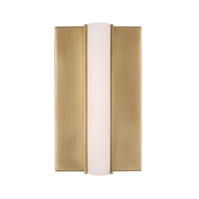 The Elvaris LED Small Vertical Alabaster Wall Light in brushed brass and soft white features a modern rectangular backplate and a central alabaster diffuser, shown against a white background.