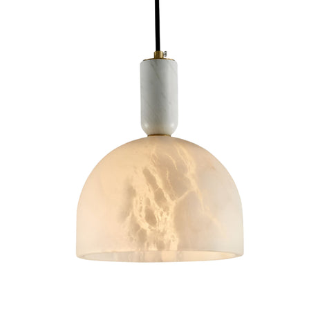 The Belvix 1 Light Large Dome Alabaster Single Pendant Light in soft white and brushed brass features a semi-translucent, cloud-patterned shade suspended from a black cord, adding timeless elegance to any room.
