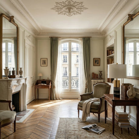 Elegant living room with large mirrors, marble fireplace, classic armchairs, wooden parquet floor, a desk, and tall windows with green curtains. The Valmora 1 Light Monolith Marble Lamp in Black & Brass adds stylish vintage flair amid books and decor.
