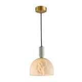 The Belvix 1 Light Large Dome Alabaster Pendant features a brushed brass ceiling mount, black cord, white cylindrical accent, and a semi-translucent dome shade in soft white for a warm, modern glow.
