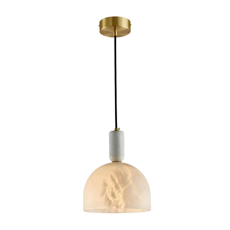The Belvix 1 Light Large Dome Alabaster Pendant features a brushed brass ceiling mount, black cord, white cylindrical accent, and a semi-translucent dome shade in soft white for a warm, modern glow.