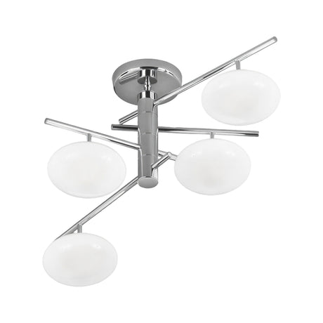 Dolce 4 Light Glass Ceiling Light, a flush fitting with four oval opal glass shades on angled chrome metal arms, shown on a plain white background.