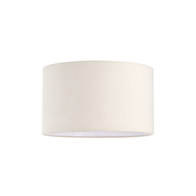 The Aethera Cylinder Lampshade - Beige, 45cm showcases a minimalist fabric cover, radiating contemporary elegance as it appears against a clean white backdrop from a gentle perspective.