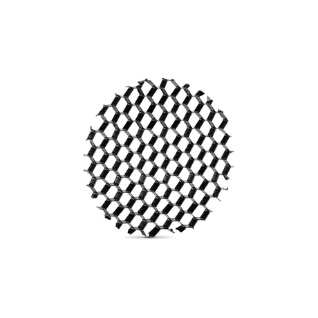A sophisticated Prismatic Track Light Honeycomb Filter 25mm in black, featuring a sleek circular design, creates an intricate grid pattern against a pristine white backdrop, resembling an elegant lighting accessory.