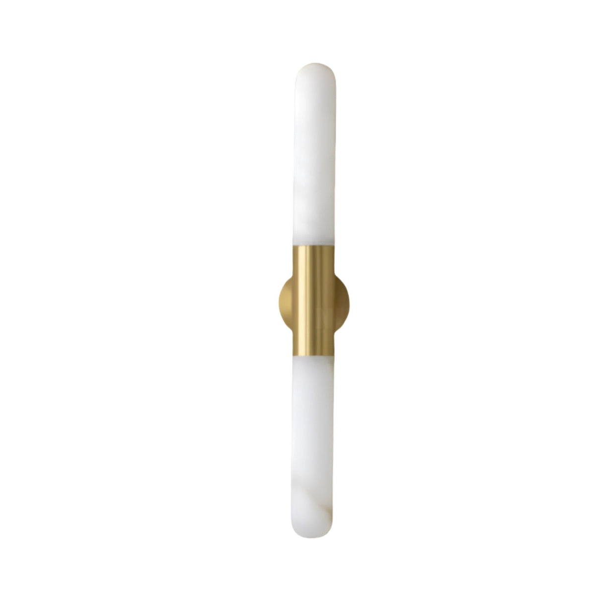 The Averin LED Alabaster Wall Light features a brushed brass fixture with two vertically stacked soft white alabaster diffusers, shown on a plain white background.