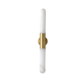 The Averin LED Alabaster Wall Light features a brushed brass fixture with two vertically stacked soft white alabaster diffusers, shown on a plain white background.
