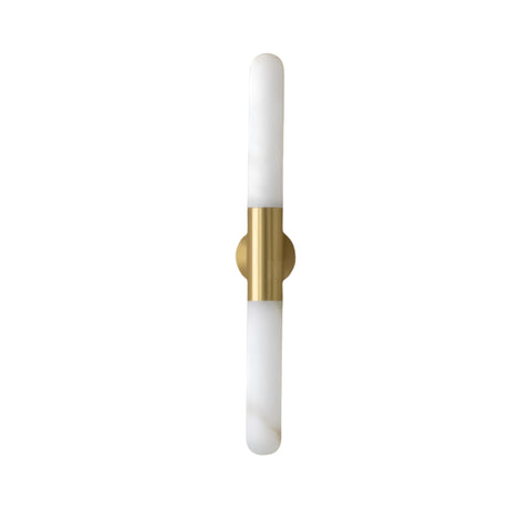 The Averin LED Alabaster Wall Light features a brushed brass fixture with two vertically stacked soft white alabaster diffusers, shown on a plain white background.