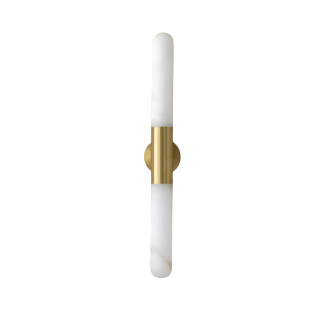 The Averin LED Alabaster Wall Light features a brushed brass fixture with two vertically stacked soft white alabaster diffusers, shown on a plain white background.